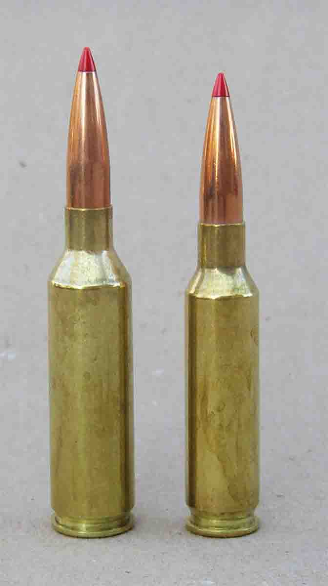 The 6.5 PRC (left) offers notably greater velocity and flatter trajectory at normal hunting distances than the 6.5 Creedmoor (right) but still offers top accuracy.